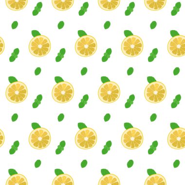 Beyaz arka planda sarı limon dilimi ve yeşil nane yapraklarıyla kusursuz desen. Duvarları süslemek için vektör illüstrasyonu, kartpostalların kapaklarını veya broşürleri çizgi film tarzında dekore etmek