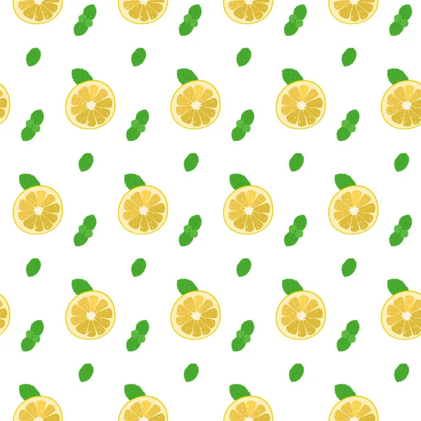 Бесшовный Узор Ломтиком Желтого Лимона Зелеными Листьями Мяты Белом Фоне — стоковый вектор