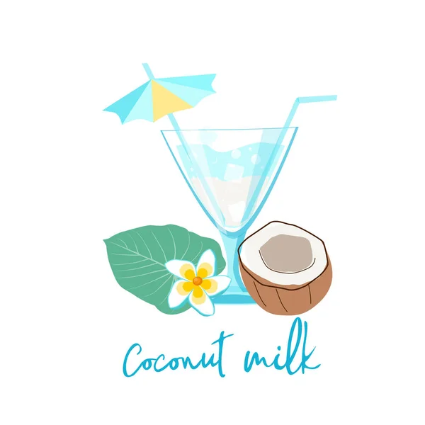 Summer Banner Coconut Milk Cocktail White Background Vector Illustration Style — Image vectorielle