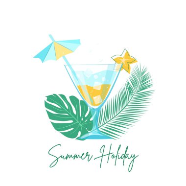 Karambola ve tropik yapraklardan oluşan bir kokteyl ile yaz tatili. İzler ve kartpostallar için beyaz arkaplan üzerindeki vektör düz illüstrasyon