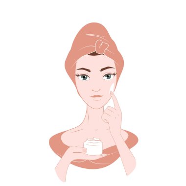 Havlu giymiş bir kız yüzüne nemlendirici sürmüş. Yüz bakımı. Beyaz arkaplan üzerinde vektör düz illüstrasyon
