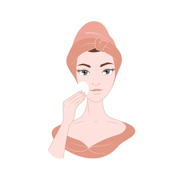 Young Girl Pink Towel Her Head Moistens Her Face Lotion — Stock Vector