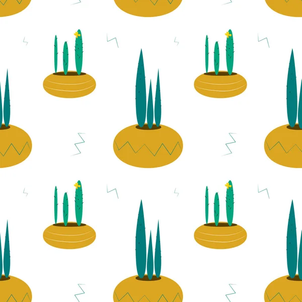 Seamless pattern of two cacti in pots — Vector de stock