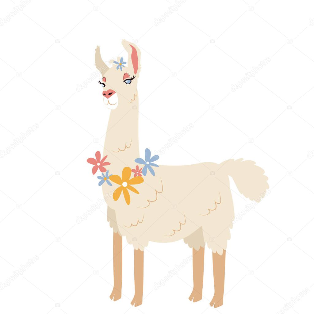 Beige female llama with a floral necklace