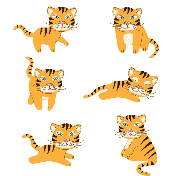 Un grupo de tigres naranja lindo — Vector de stock