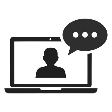 Sohbet baloncukları ikonlu laptop. Beyaz arkaplanda izole edilmiş web tasarımı için sohbet balonu vektör simgesi olan dizüstü bilgisayarın basit çizimi