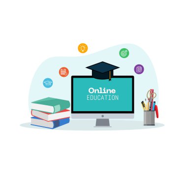 Bir monitör, kitaplar ve çeşitli akademik sembollerin yer aldığı çevrimiçi eğitim, e-öğrenme ve uzaktan çalışma kavramını gösteren vektör ilülasyonu.