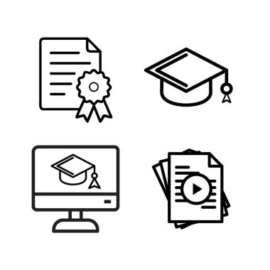 Eğitimin çeşitli yönlerini, çevrimiçi öğrenmeyi, mezuniyeti, akademik başarıyı ve internet ya da baskı için dijital kursları temsil eden bir dizi taslak vektör simgesi.