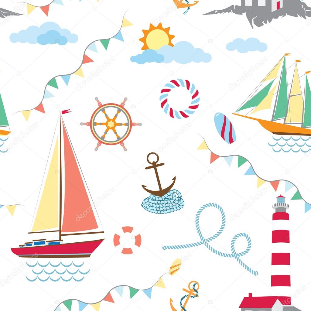 Seamless marine texture with ships and lighthouse on white background
