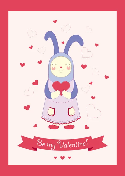 Sevgililer günü tebrik kartı ile şirin küçük tavşan kız — Stok Vektör