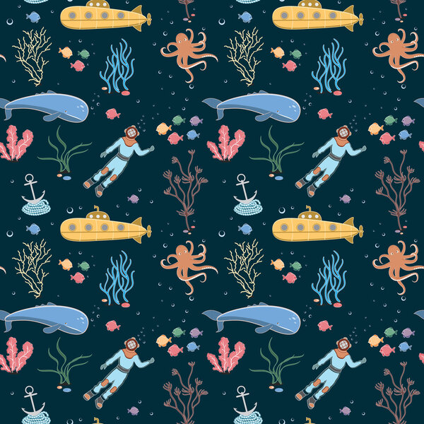 Seamless marine pattern on dark bakground