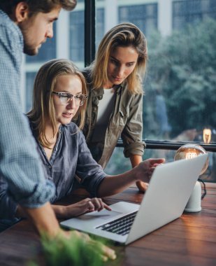 Dizüstü bilgisayar kullanan bir grup genç iş arkadaşı. Birlikte çalışan ya da okuyan insanlar. İş ekibi ofisinde. Takım çalışması. Başlangıç konsepti