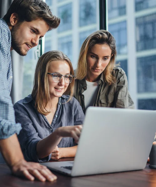 Grupp Unga Kollegor Som Använder Bärbar Dator Människor Som Arbetar — Stockfoto