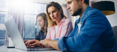 Birlikte çalışan bir grup genç. Modern ofiste yaratıcı iş adamları. Hippi takımı birlikte çalışıyor. Genç modern meslektaşlar. Takım çalışması. Başlangıç konsepti