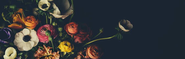 Vintage bouquet of beautiful different flowers. Floristic decoration. Floral background. Baroque old fashiones style image. Natural pattern wallpaper or greeting card