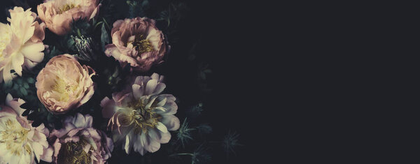 Vintage bouquet of beautiful pale peonies on black. Floristic decoration. Floral background. Baroque old fashiones style image. Natural flowers pattern wallpaper or greeting card