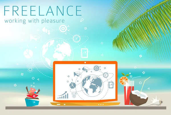 Freelance concept with Laptop on the beach — Stock Vector