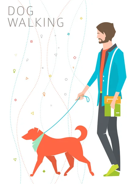 Young man walking with his dog — Stock Vector