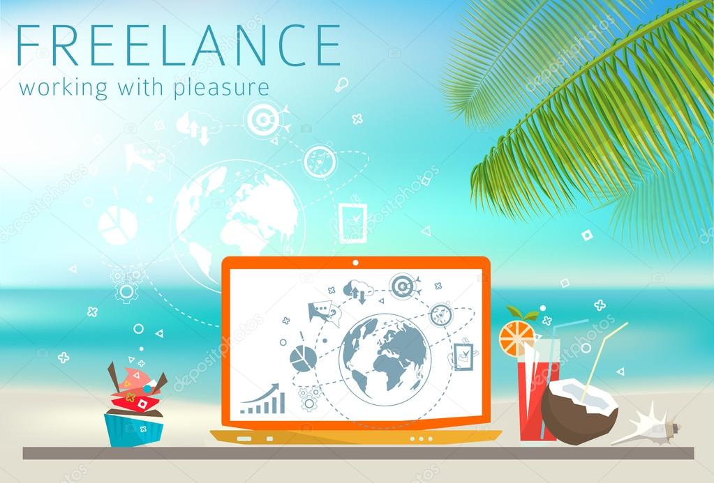Freelance concept with Laptop on the beach