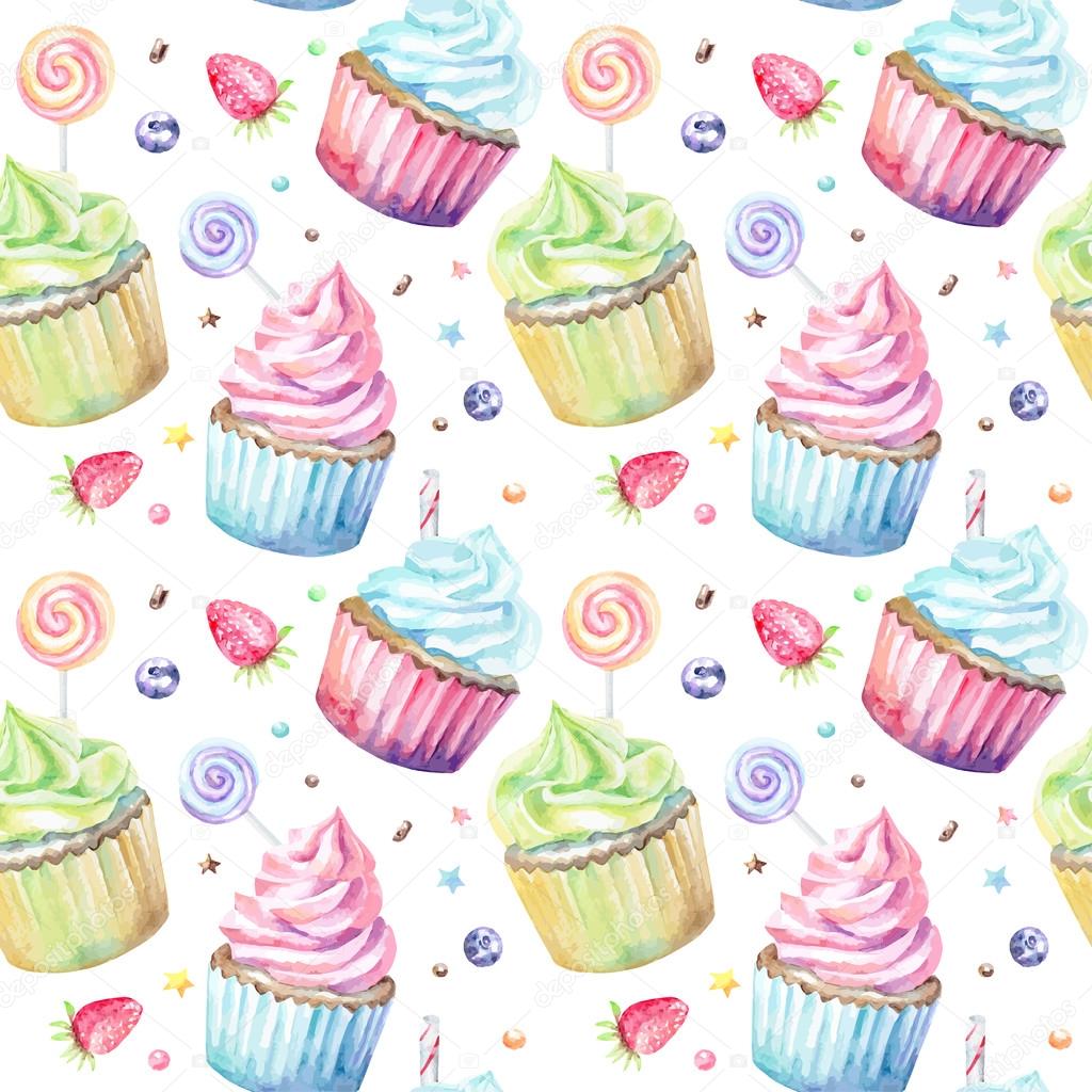 watercolor pattern with cupcakes.