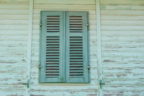 Green shutter on green building — Stock Photo, Image