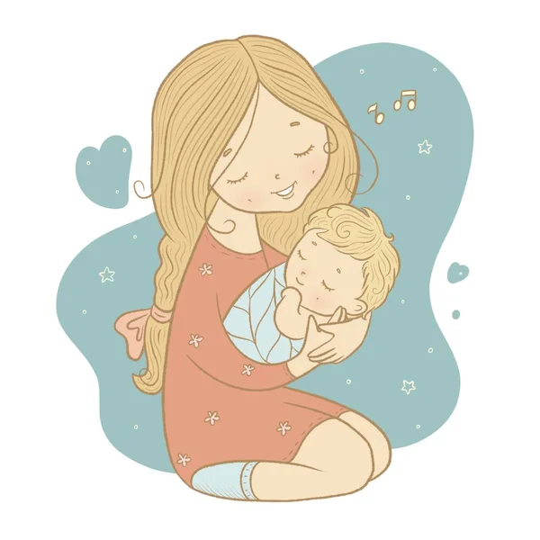 mother\'s day, mother holding baby in her arms and singing a lullaby, isolated illustration on print