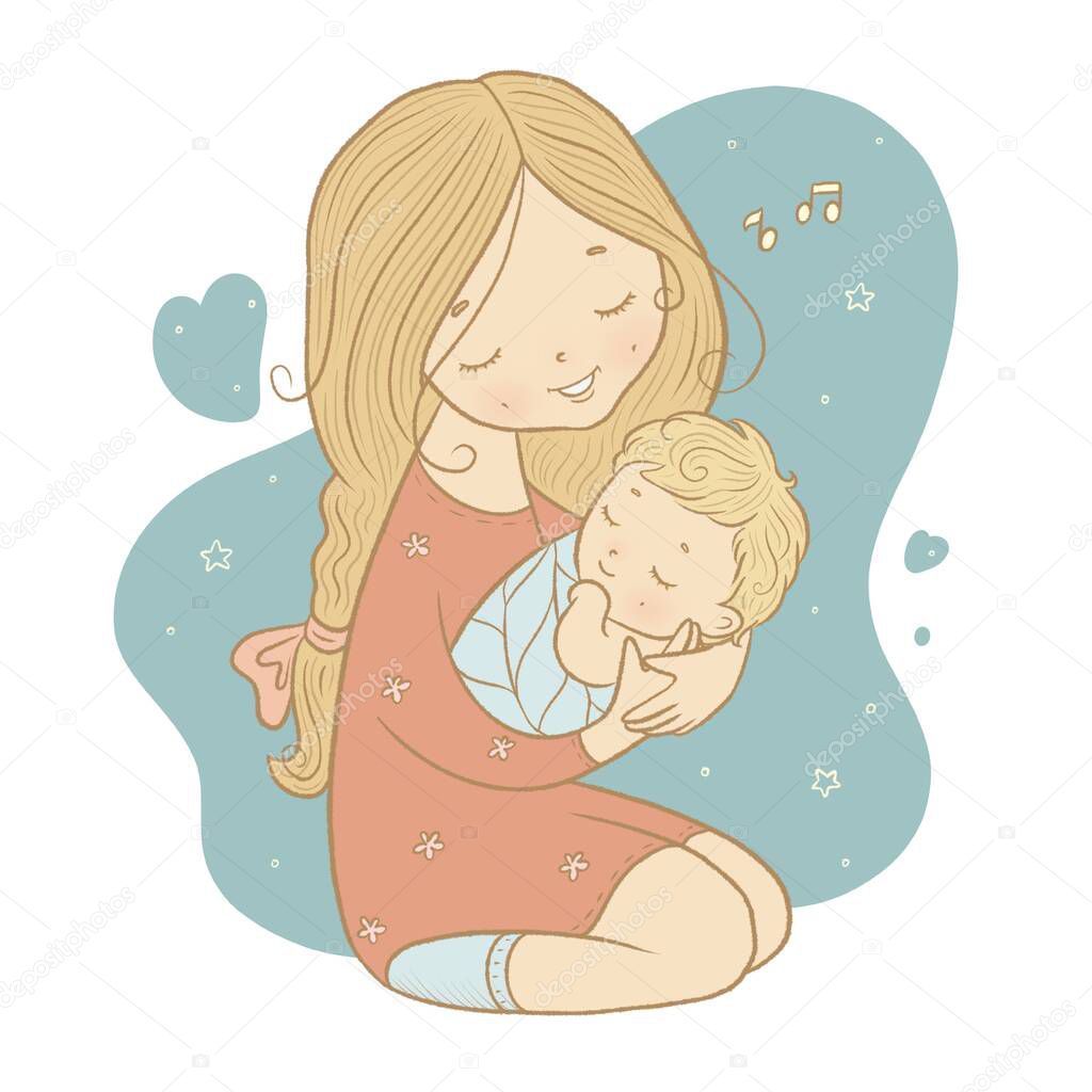 mother's day, mother holding baby in her arms and singing a lullaby, isolated illustration on print