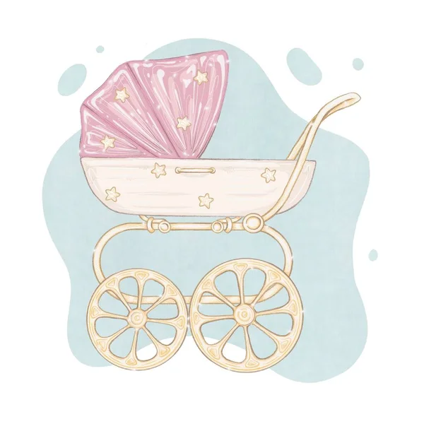 Baby Carriage Pram Buggy Cart Baby Car Pink Gold Stroller — Stock Photo, Image