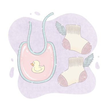 Yeni doğmuş bir bebek için bebek kıyafetleri. Kanatlı bir çift örgü çorap ve desenli önlük. Ördek yavrusu çizilmiş önlük. izole resim
