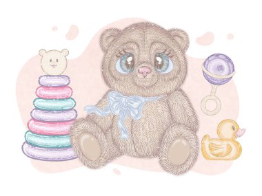 Işıltılı bebek oyuncakları. Fiyonklu oyuncak ayı, sarı plastik ördek, oyuncak ayılı piramit, çıngırak. izole resim