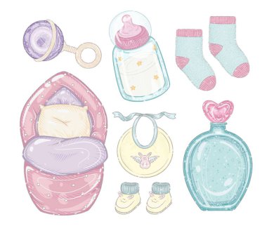 Bebek takımı. bebek eşyaları ve kıyafetler, çocuklar zarf, oyuncaklar, emzik, önlük, çorap, manken ve parıltılı bebek yıkama.