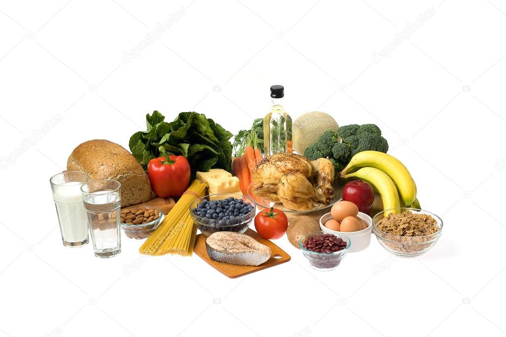 Assortment of Food and Drink on a White Background