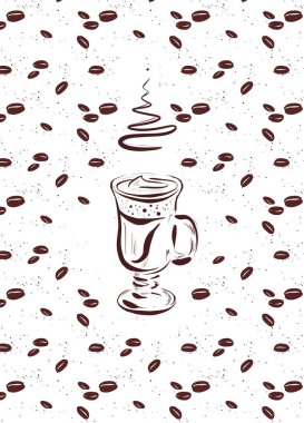 Kahve çekirdeği ve bir fincan latte, cappuccino, mocachino, beyaz arka planda. Çizgi çalışması. Satır kupası
