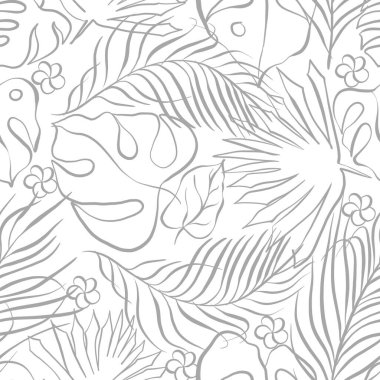 Tropik bitkiler ve tesisat çiçekleri pürüzsüz desen. Orman yaprakları çizimi. Çizgi çalışması. Yapraklarla boyanmış süslü duvar kağıtları. Yaz doğası fayans arka planı. Beyaz arkaplan 