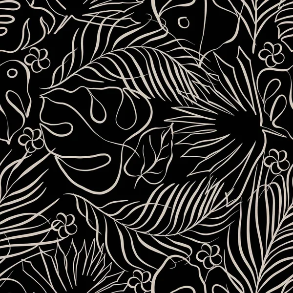 Tropical plants and plumeria flowers seamless pattern. Jungle foliage illustration. Line art. Stylish floral painted wallpaper with leaves. Summer nature tile background. Black backdrop