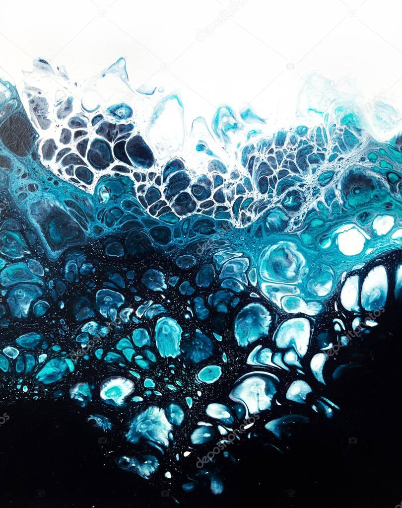 Abstract bubbles paintings, underwater. Pour art, acrylic pouring, cells technique. Blue, black, white background. Paintings for walls in interior, home, office, bar, restaurant