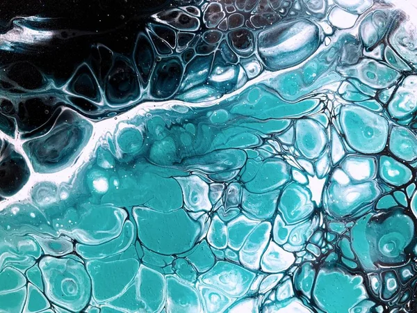 抽象艺术 流线型流线型流线型抽象丙烯酸绘画 浇注艺术 丙烯酸浇注 细胞技术 蓝绿色背景 办公室 游泳池的绘画 — 图库照片