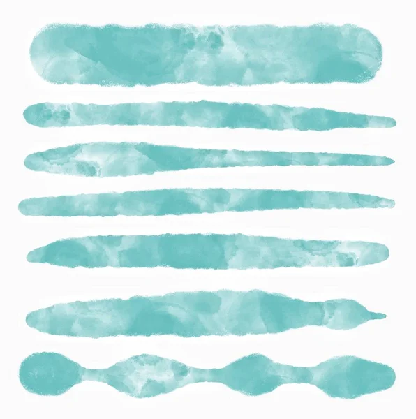 Conjunto de trazo de pincel de acuarela y mancha en color azul, turquesa, aislado sobre fondo blanco, elemento de diseño abstracto — Foto de Stock