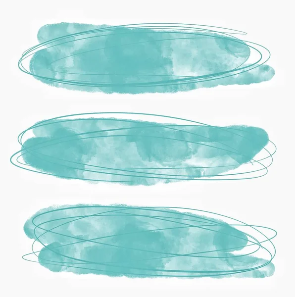 Conjunto de trazo de pincel de acuarela y mancha en color azul, turquesa, aislado sobre fondo blanco, elemento de diseño abstracto — Foto de Stock
