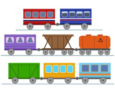 Farklı renkli vagonları olan oyuncak demiryolu.