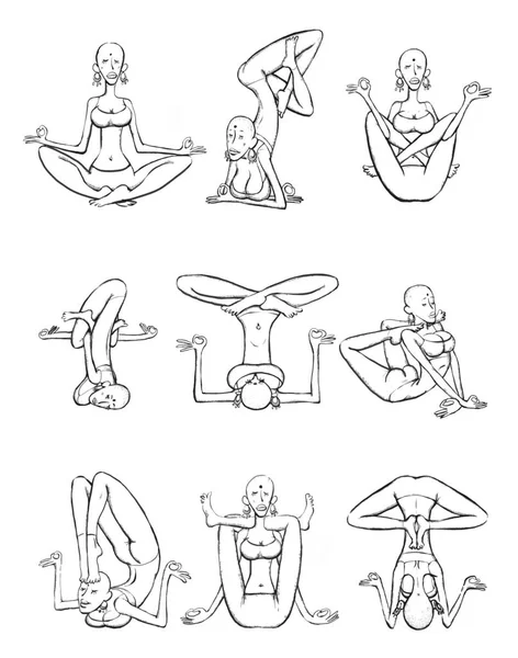 Farklı pozlarda esnek kel kadınlar.