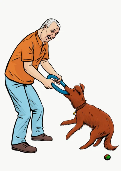 Sahibi köpeğiyle oynuyor.