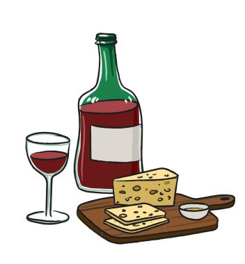 Serviste cam ve peynirli şarap şişesi.