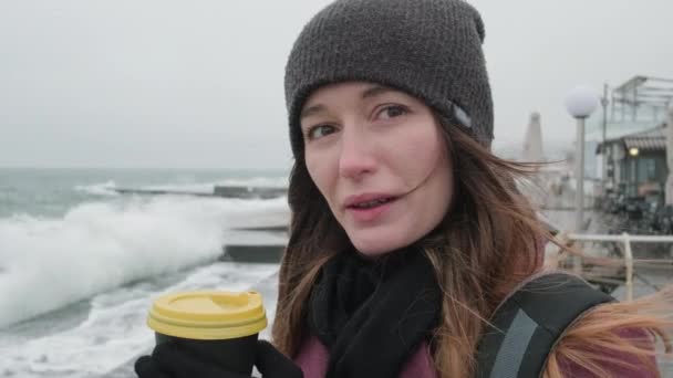 Schönes Mädchen mit langen Haaren und warmem Hut, hält eine Tasse mit Heißgetränk in der Hand, spricht in die Kamera, vor dem Hintergrund des winterkalten Meeres mit großen Wellen, die gegen die Buhne schlagen, Nahaufnahme — Stockvideo