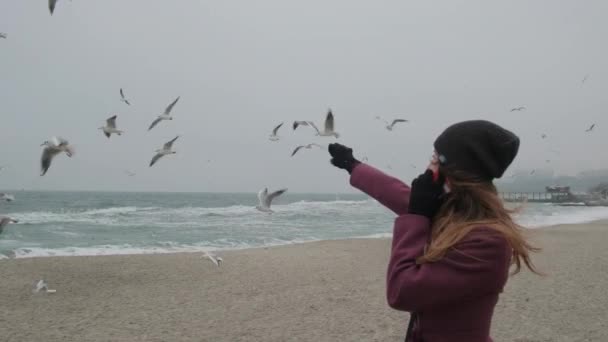 Kvinnan talar i telefon och drar handen mot fåglarna. Flicka på piren, måsar som flyger omkring. kall, medium närbild. Stående på stranden, måsar, på bakgrunden av vinterhavet. — Stockvideo