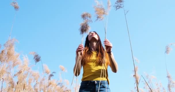 Junge Frau hält ein Rohr in beiden Händen, hebt die Hände und blickt in den klaren blauen Himmel, klarer Tag, mittleres Filmmaterial, in Zeitlupe — Stockvideo