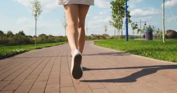 Жіночі ноги, вид ззаду, ходьба в парку протягом дня, промені встановленого сонця падають на ноги, камера піднімається вгору — стокове відео