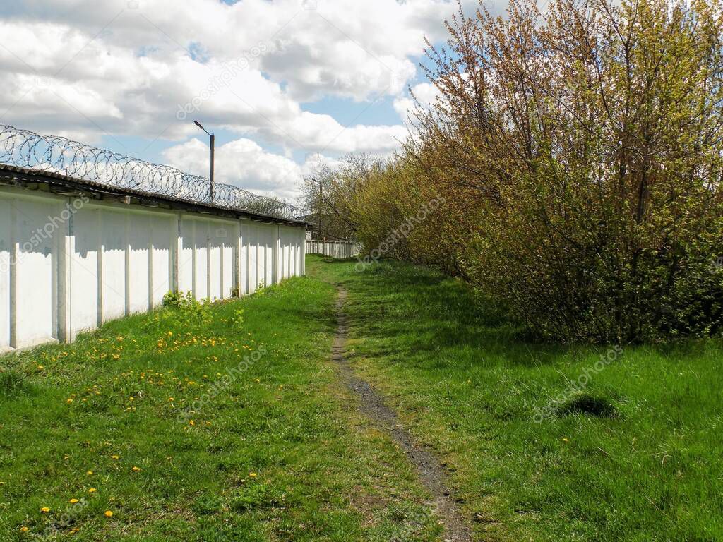 A narrow path along the fence with barbed wire and green bushes.