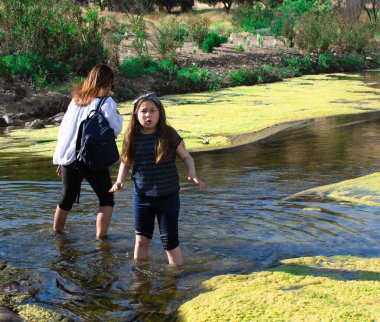 Küçük kız soğuk ya da buz gibi, parkta bir derede, arka planda annesiyle birlikte.