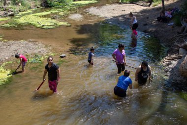 Malibu Creek Eyalet Parkı - 11 Mayıs 2019: 2019 'da Malibu Creek Parkı' nda turistler ve yürüyüşçüler. 2018 'deki Woolsey yangınları bölgede geniş çaplı yıkıma neden oldu ve birçok ağacı yaktı..